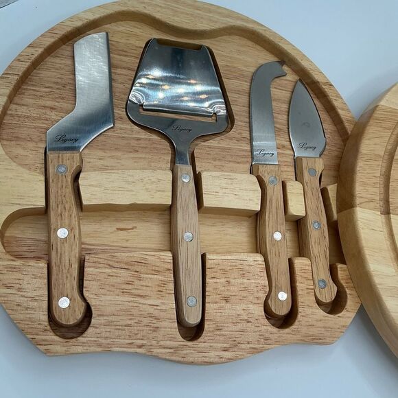 NEW Round Solid Oak Swivel Cheese Board & Knives by Legacy 5pc Set - Picture 5 of 6